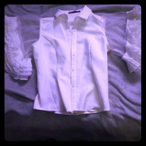 White button up blouse with ruffle sleeve